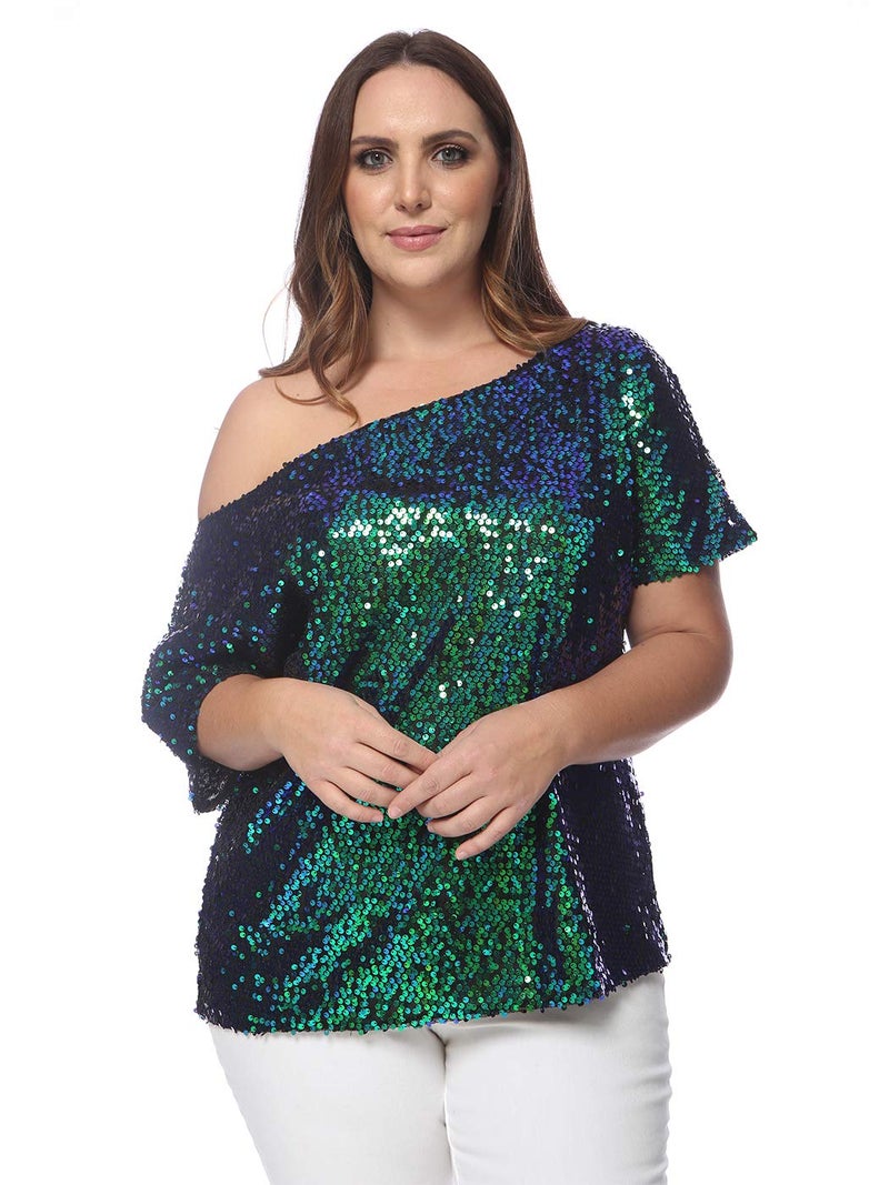 Anna-Kaci Women's Plus Size Sequin Sexy One Shoulder Short Sleeve Party Club Top, Mermaid, 2X-Large - Image 1